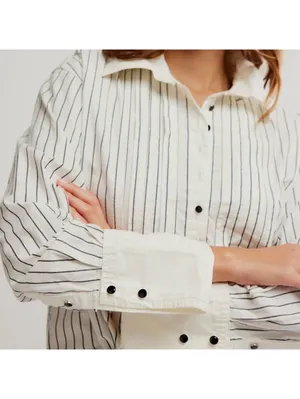 Free People We the Free After Hours Stripe Oversized 1/4 Button Down Top size xs thumbnail 3