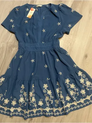 Simple Blue Short-Sleeve Embroidered Tiered Mini‎ Dress thumbnail 4