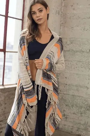 Umgee Striped Boho Fringe Hem Open Cardigan Tan Orange Black thumbnail 8