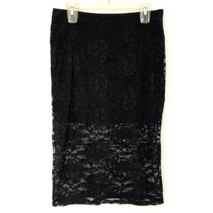 Black Floral Lace Pencil Midi Skirt XL Sheer Stretch Lined thumbnail 5