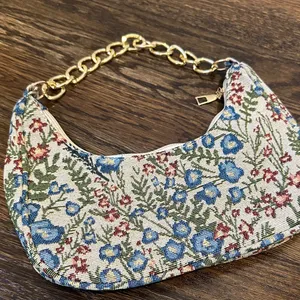 Floral Print Bag with Gold Chain Blue thumbnail 2