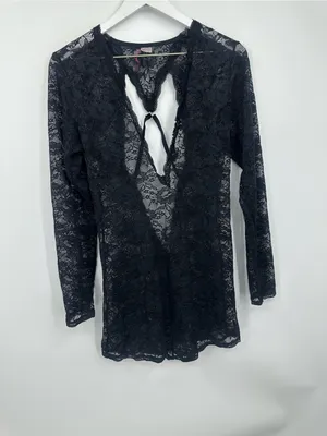 Vintage Y2K Black Lace V Neck Long Sleeve Shirt Size XL Whimsical Dark Romance thumbnail 9