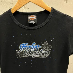 Harley Davidson Black Rhinestone Detail Short Sleeve Blue Logo Baby Tee Medium M thumbnail 2