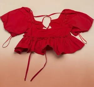 Kimchi Blue Red Puff‎ Sleeve Tiered Peplum Tie-Back Crop Top - S thumbnail 1