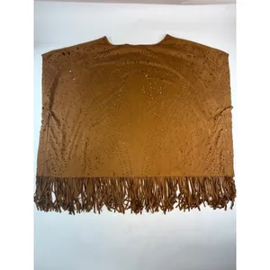 Wrangler Womens Faux Suede Laser Cut Fringe Poncho Brown XL LW4053X thumbnail 2