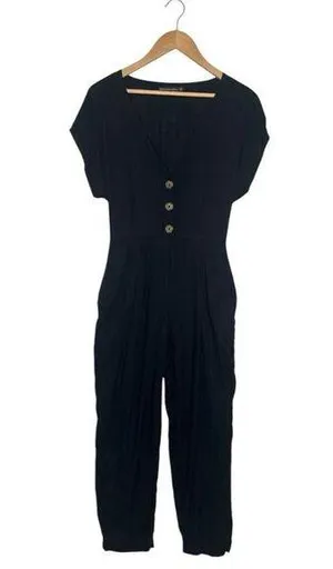 Abercrombie Fitch Jumpsuit Womens XS Lightweight V Neck Short Sleeve Pockets Blk thumbnail 1