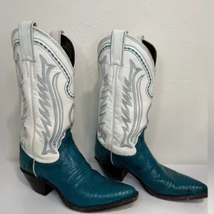 Justin Boots Vintage White Teal Western Cowgirl Boots Lizard Stitch 6.5 RARE thumbnail 3