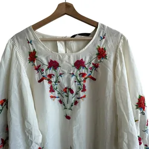 Zara Collection Dress Sz L Cotton Silk Blend Puff Sleeve Floral Embroidered thumbnail 6