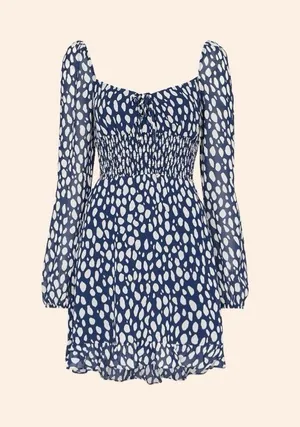Reformation Rue Long Sleeve Mini Dress Crepe Spotted Lolita Blue White 0 thumbnail 1