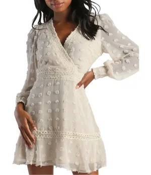 Lulus Might Be Magic Ivory Clip Dot Lace Long Sleeve Ruffle Mini Dress Small NWT thumbnail 1