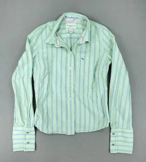 Abercrombie & Fitch Button Down Shirt Womens M Green Striped Stretch Poplin‎ Top thumbnail 1