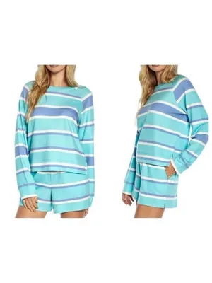 Wildfox 2-Piece Lounge Set - Striped Blue Aqua White Sweatshirt & Shorts Medium thumbnail 2