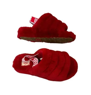 UGG Fluff Yeah Slide Red Sheepskin Logo Slingback Slippers‎ 1095119 Womens 7 thumbnail 1