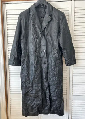 NYDA Black Leather Double Breasted Long‎ Trench Coat Women's Size L Goth Office thumbnail 1