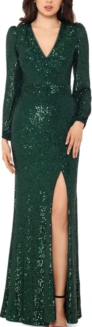 Xscape Long Sleeve Long V-Neck All Over Sequin‎ Gown Green Size 6 Formal thumbnail 1