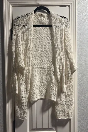 Hollister Cardigan Womens M/L White Crochet Open Knit Pointelle Boho Relaxed thumbnail 1