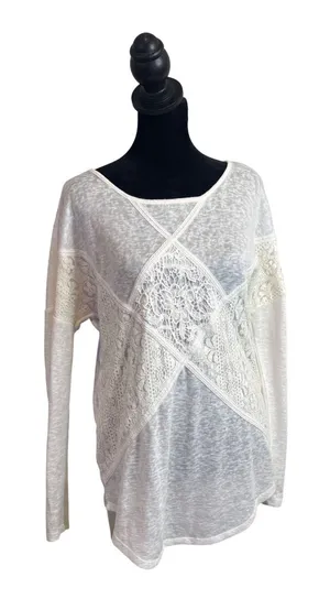 BOHO Mixed Media Sheer Heather Knit Top Womens S Textured Floral Lace Blouse thumbnail 1