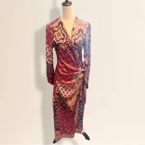 MISA Los Angeles Multicolor Elixa Satin Patchwork Wrap Midi Dress Size Small thumbnail 4