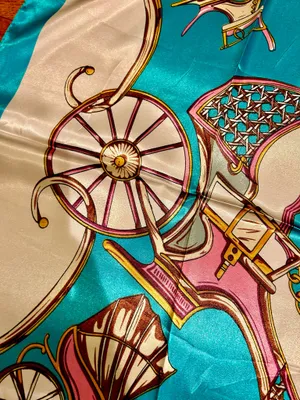 VTG Royal Regal Carriage Print turquoise/PINK oversized square Silky Scarf 35/35 thumbnail 7