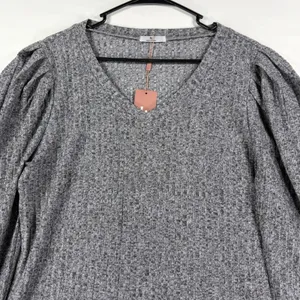 Womens Gray Ribbed Knit V-Neck Puff Sleeve Blouse Size Large NWT Grandmacore Top thumbnail 4