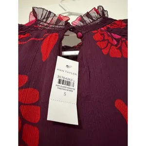 Ann Taylor Plum Red Floral Smocked Mock Neck Blouse Sheer Long‎ Sleeve NWT S thumbnail 5