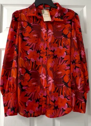 BTFBM~ Red & Pink Floral Button-Up Blouse ~ONLY~None Stretch. L thumbnail 5