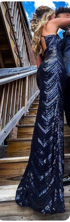 Windsor Navy Blue Sequin Prom Dress thumbnail 1