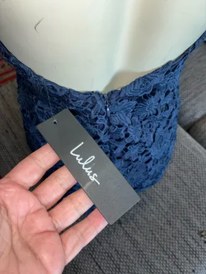 NWT Lulus Semi-formal Backless Above-Knee Lace Navy Dress, Sz S thumbnail 4