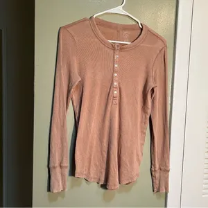 Aerie Women's Size Small Real Soft Button Front Henley Top Beige Tan Ribbed Long thumbnail 2