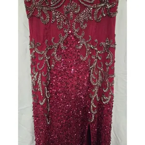 Zasa Chic by Karishma Creations Long Dark Red Hand Beaded Slit Pageant Dress 4 thumbnail 4