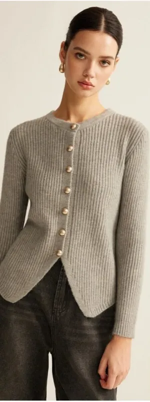 Common Sense Gray Ribbed Knit Cardigan M Gold Button Split Hem Fitted Sweater thumbnail 1