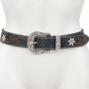 Nocona Size S Black Leather Floral Embroidered Rhinestone Western Cowgirl Belt thumbnail 1