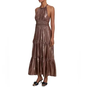 A.L.C. Elara Metallic Silk Halter Maxi Dress Bitter Chocolate 14 wedding guest thumbnail 5