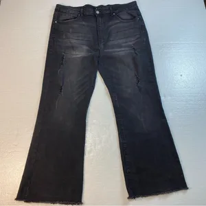 Risen Wide Ankle Flare Jeans Black 38”x28” Mid Rise‎ Distressed Raw Hem Stretch thumbnail 2