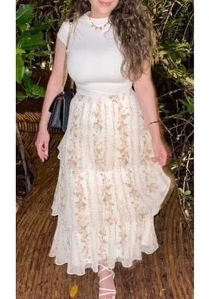 RACHEL PARCELL Pleated Tiered Chiffon Maxi Skirt in Ivory Size Medium thumbnail 1
