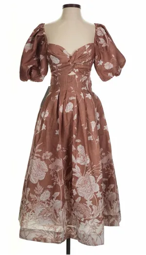 NWT Anthropologie En Saison Brown Floral Puff-Sleeve Midi Dress thumbnail 1
