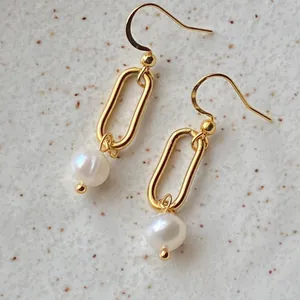 Handmade gold tone stainless steel natural shell pearls chic fairy boho vintage style dangle earrings💖 thumbnail 4