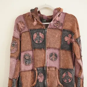 Kathmandu Imports Size Large Patchwork Hoodie Brown Peace Sign Boho Indie Cotton thumbnail 2