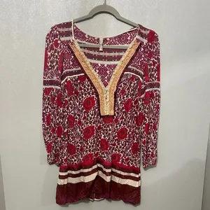 Free People Womens Tunic Top Boho Floral Lace Trim Burgundy Small thumbnail 2
