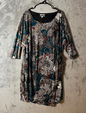 Paisley Print Shift Tunic Dress 3/4 Sleeve Boho Chic Teal Multicolor Size 3X New thumbnail 1
