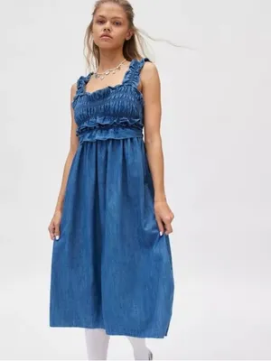 Kimchi Blue Kenzie Empire Waist Bow Back Denim Maxi Dress size medium thumbnail 10