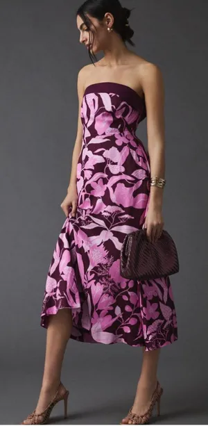 Anthropologie Jo Faulkner Strapless Pink Red Floral Dress Size 10 thumbnail 1