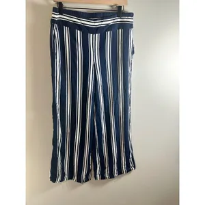 Adrienne Vittadini Navy White Striped Wide Leg Pants Viscose Coastal Size‎ 8 thumbnail 2