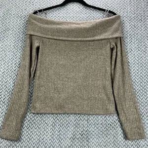 Stradivarius Bardot Top Size L Tan Lightweight Ribbed Knit Sweater Neutral thumbnail 1