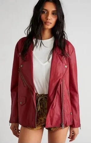 Free People We The Free Jealousy Vegan Leather Moto Jacket – Rhubarb Red – Size Small thumbnail 1