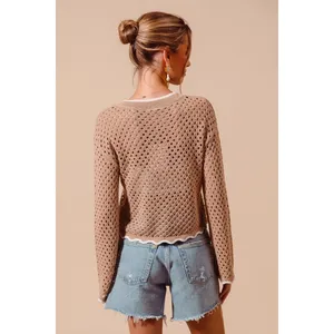 SO‎ ME Open Knit Light Weight Sweater Cardigan With Contrast Wavy Scallop Edge L thumbnail 7