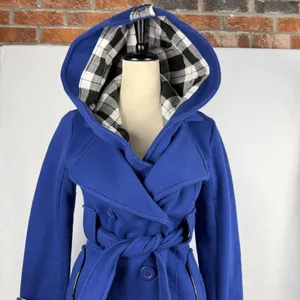 Blue‎ Hooded Double Breasted Trench Coat Womens Size Small Casual Retro Fashion thumbnail 2
