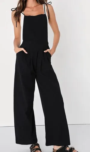 Lulu’s What a Wonderful Day Black Tie-Strap Overall Cotton Jumpsuit thumbnail 1