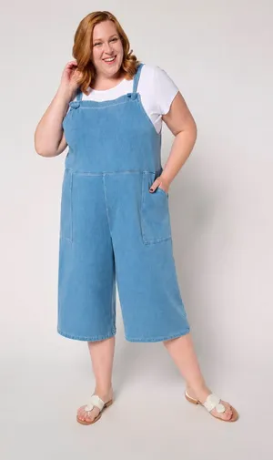 Plus Size Blue Denim Jumpsuit shorts Overalls Size L thumbnail 1