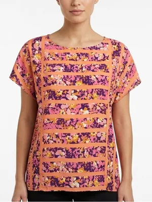 LOFT Floral‎ Striped Short Sleeve Blouse Boho Geometric Summer Top Pink Orange S thumbnail 1